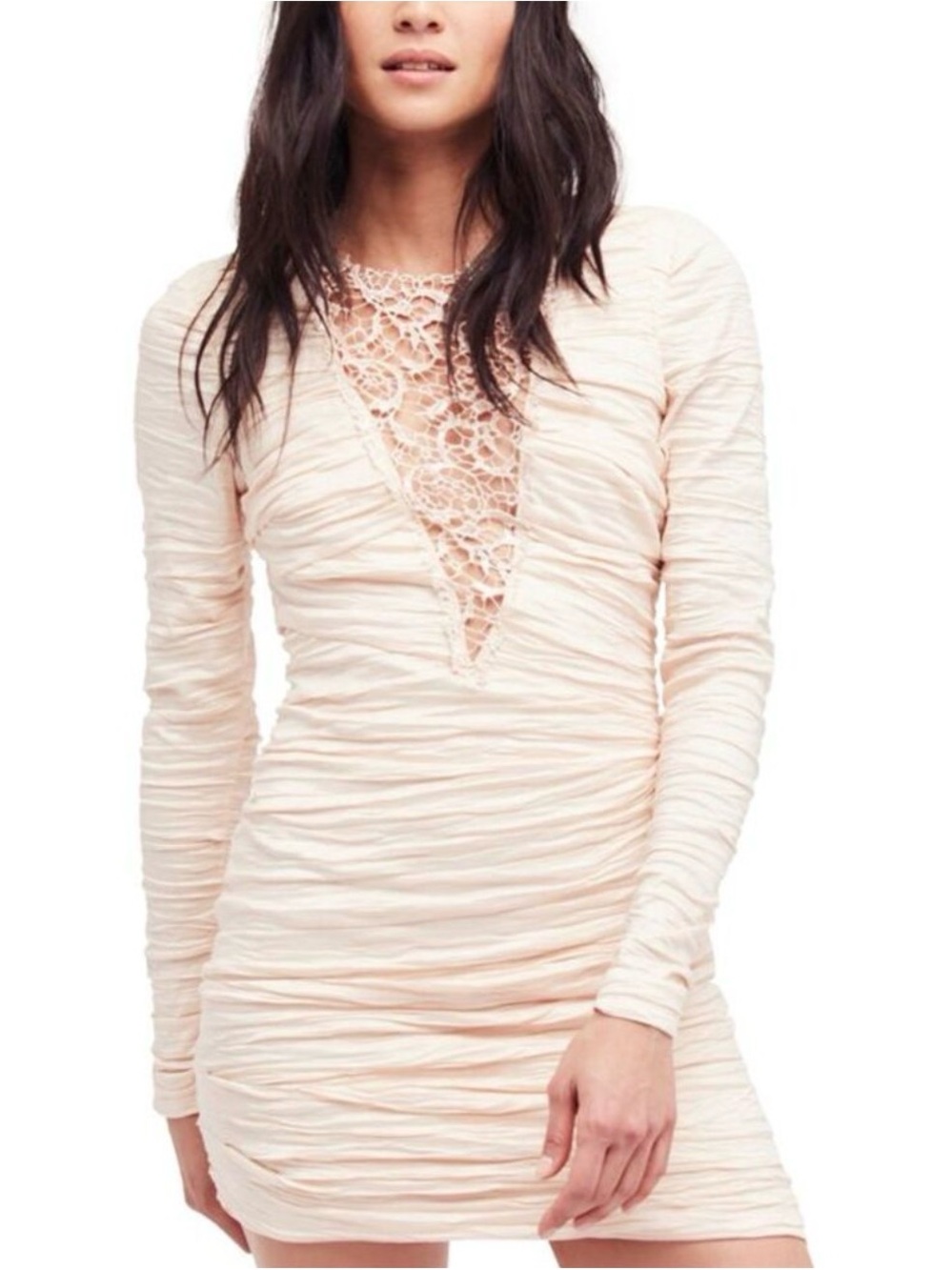 Free people Look Of Love Ruched Long Sleeve Lace Inset Dress - Blush